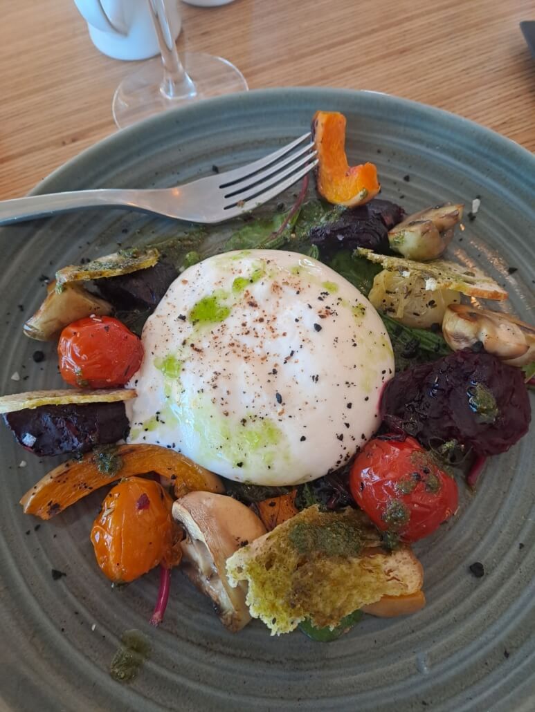 Burrata with warm roasted vegetables at L’Empreinte Avaline in Val d’Isère.