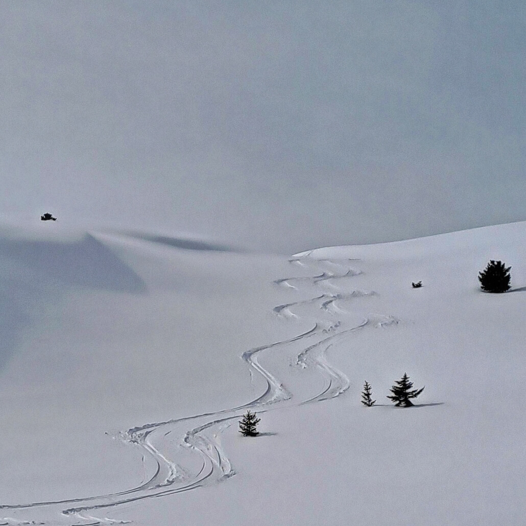 Fresh powder skiing in Verbier during April Fresh powder tracks in Verbier after an April snowfall in the Swiss Alps