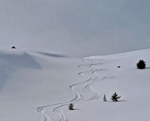 Fresh powder tracks in Verbier after an April snowfall in the Swiss Alps