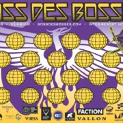 Boss des Bosses 2026 poster in Verbier featuring bold yellow retro lettering on purple background with mogul ski theme and sponsor logos.