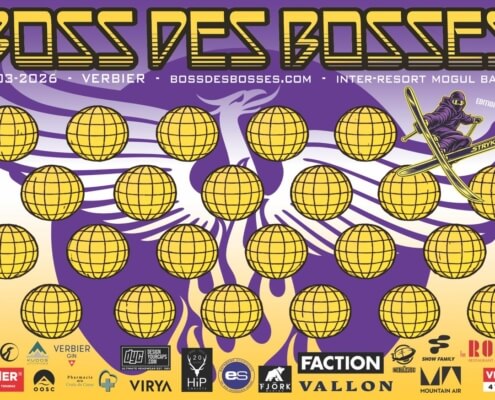 Boss des Bosses 2026 poster in Verbier featuring bold yellow retro lettering on purple background with mogul ski theme and sponsor logos.