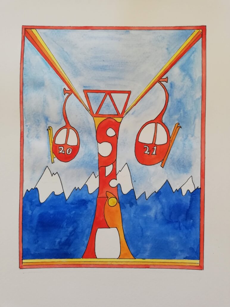 Verbier Gondola Artwork Colourful artwork of Verbier ski gondolas and mountains created at a Verbier art workshop