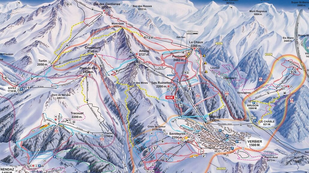 Verbier Piste Map – 4 Vallées Ski Area Verbier piste map showing the ski lifts and pistes across the 4 Vallées ski area in Switzerland.