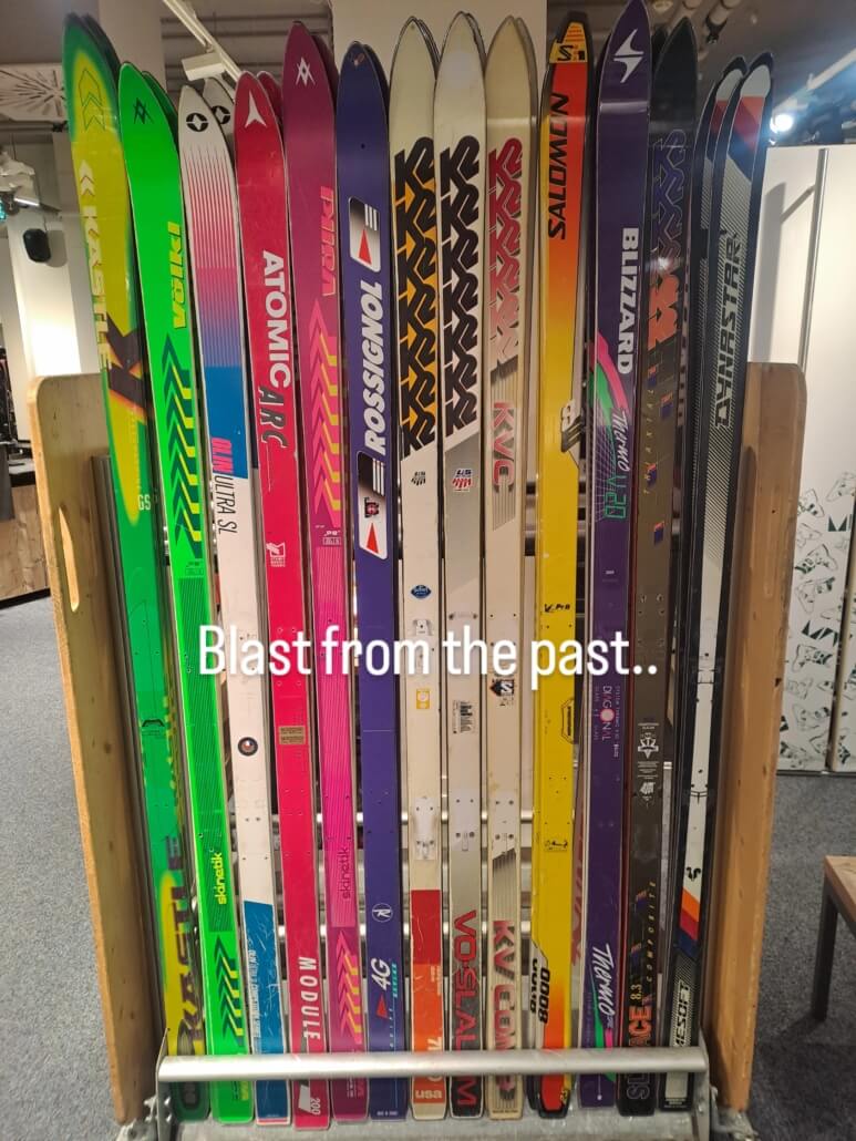 Epic Retro Skis Verbier Collection of retro skis in Verbier showing the evolution of ski equipment
