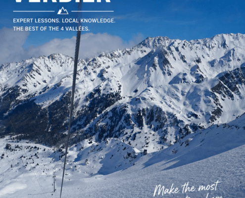 Skiing in Verbier near Tortin in the 4 Vallées with alpine views and ski lifts in Switzerland