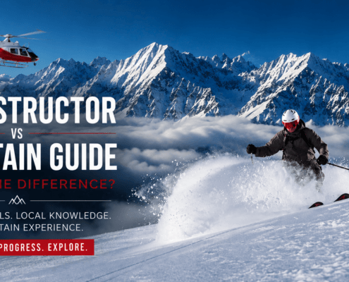Private ski instructor skiing powder in Verbier with helicopter above the Swiss Alps