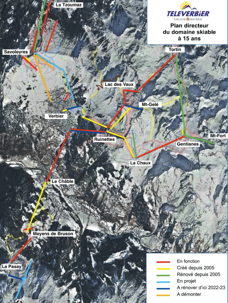 Téléverbier ski area masterplan showing proposed future lift developments including the planned Six-Blanc / Pissevache Chargerat connection in Bruson.