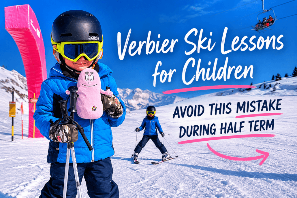 Child learning to ski in Verbier during a half-term ski holiday, highlighting the challenges of beginner ski lesson logistics and meeting points.