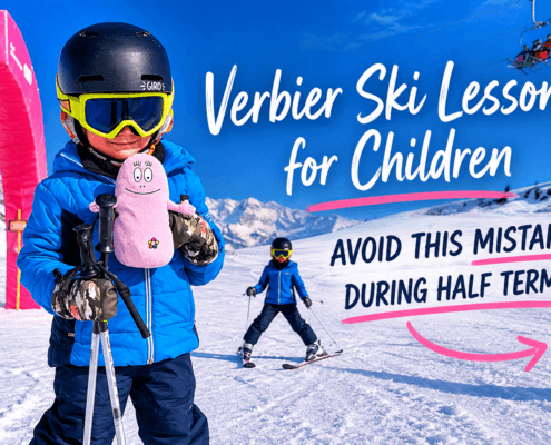 Child learning to ski in Verbier during a half-term ski holiday, highlighting the challenges of beginner ski lesson logistics and meeting points.