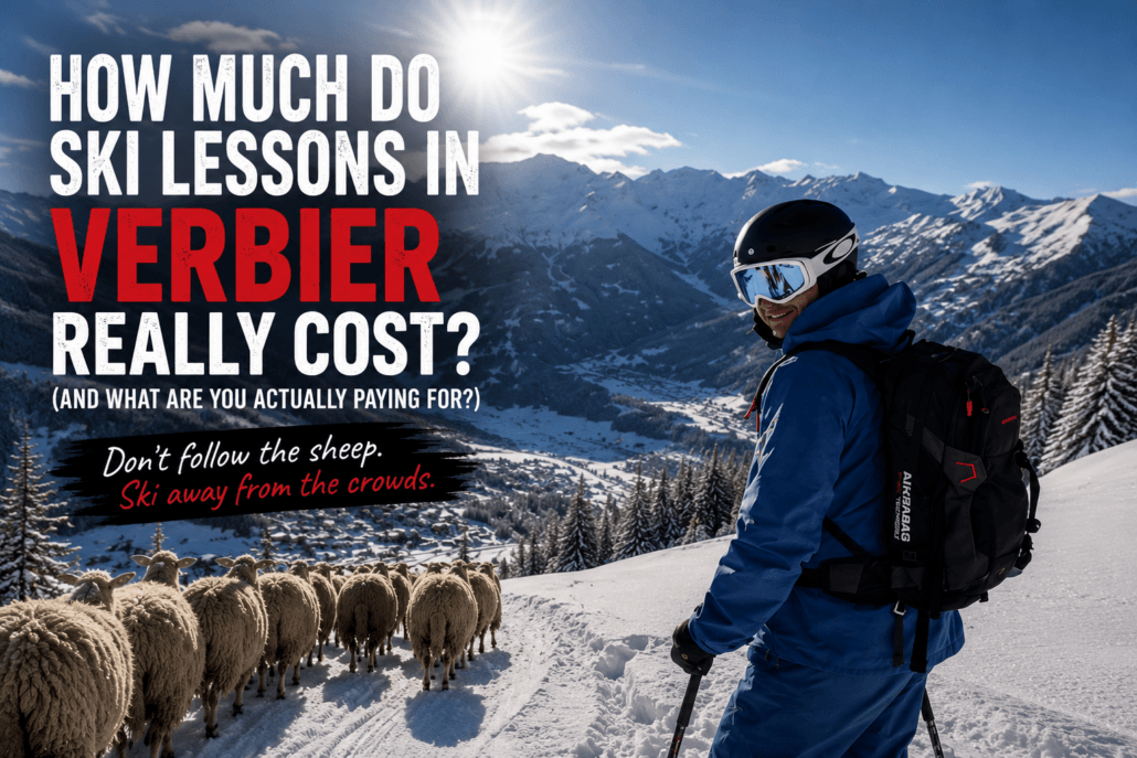 How much do ski lessons cost in Verbier? Skier overlooking Verbier with the message "Don't follow the sheep" highlighting the value of local knowledge and private ski lessons.