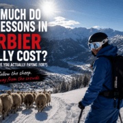 How much do ski lessons cost in Verbier? Skier overlooking Verbier with the message "Don't follow the sheep" highlighting the value of local knowledge and private ski lessons.