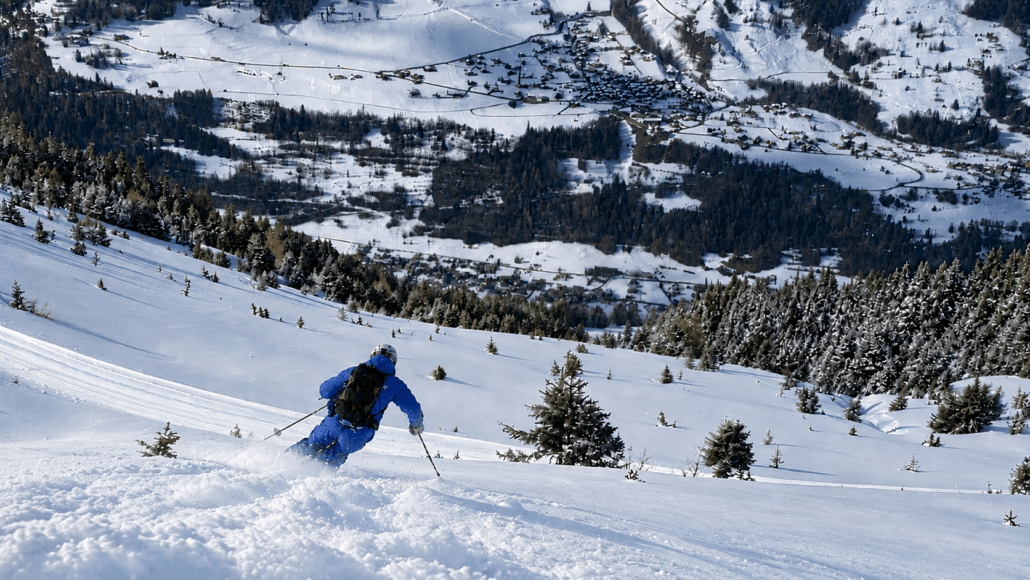 Powder skiing above Verbier in deep fresh snow