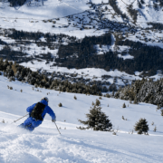 Powder skiing above Verbier in deep fresh snow