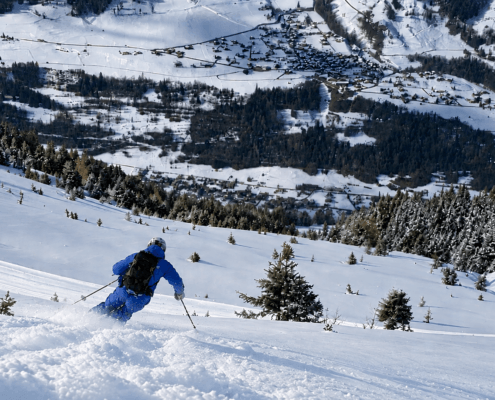 Powder skiing above Verbier in deep fresh snow
