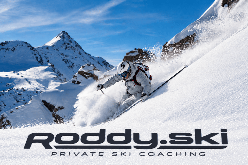 Roddy Willis skiing powder snow in Verbier, wearing Cold Granite ski wear, with the new Roddy.ski private ski coaching logo.