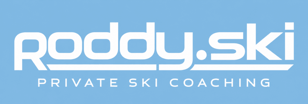 Roddy.ski private ski coaching logo in white on a blue background, introducing Roddy Willis's new branding for the winter ski season.